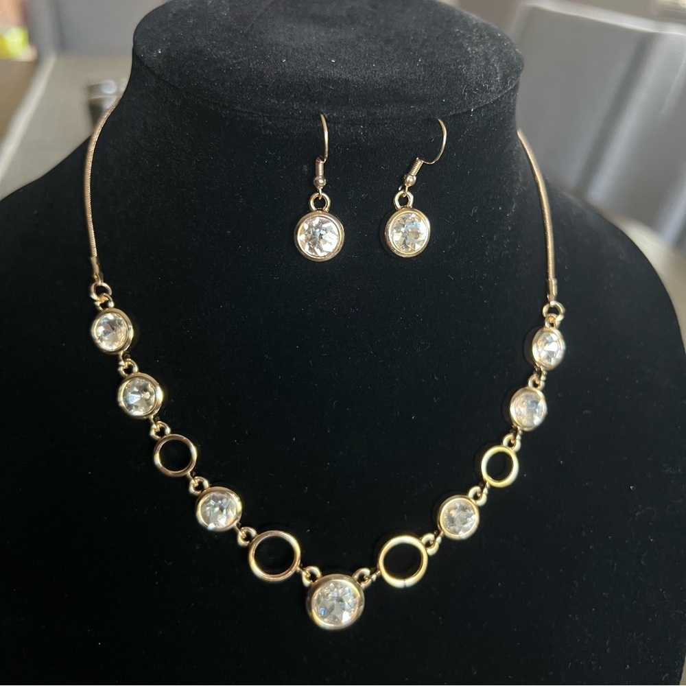 NEW Set of Necklace and Earrings, gold tone with clear rhinestones